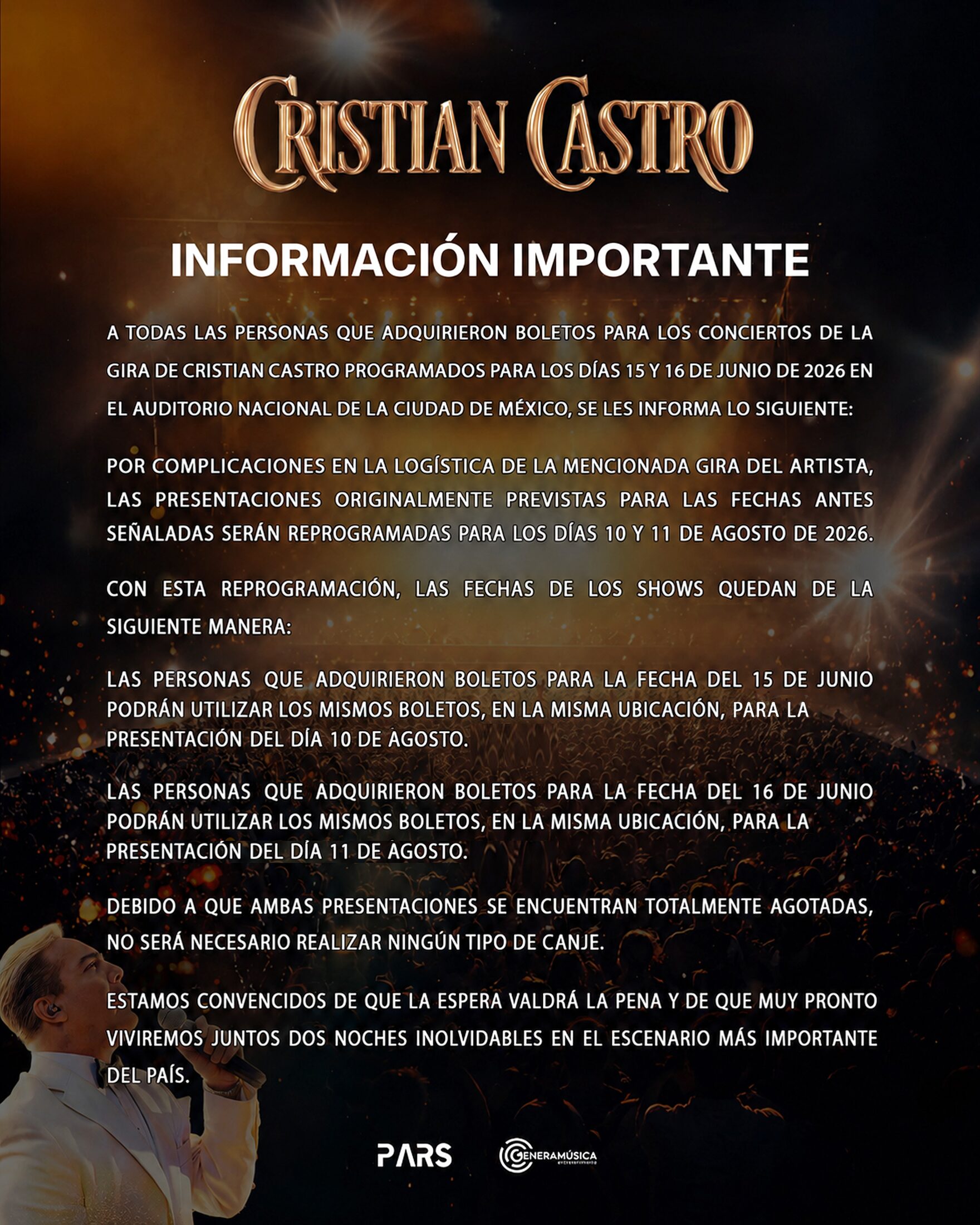 Comunicado sobre la reprogramación de Cristian Castro